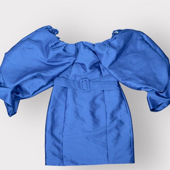 ASOS LUXE Belted Drama Sleeve Structured‎ Satin Mini Dress Women's 2 Blue - Picture 1 of 7